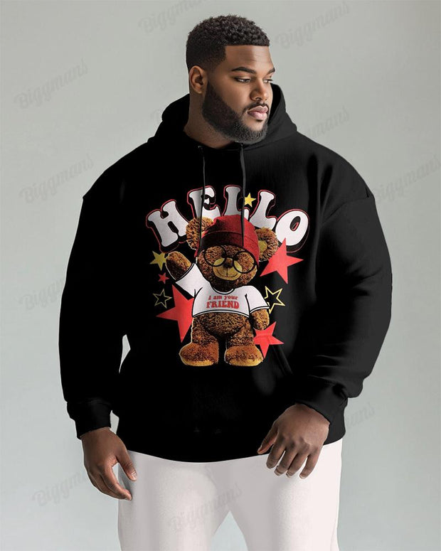 Hello Bear Print Sleeve Hoodie Men's Plus Size