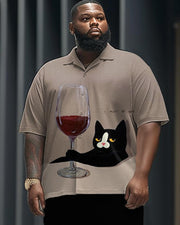 Red Wine Glass Black Cat Print Short-sleeved Shirt and Trousers Men's Plus-size Suit
