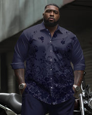 Men's Plus Size High-grade Same Color Floral Printed Long-sleeved Lapel Shirt 2-piece Set