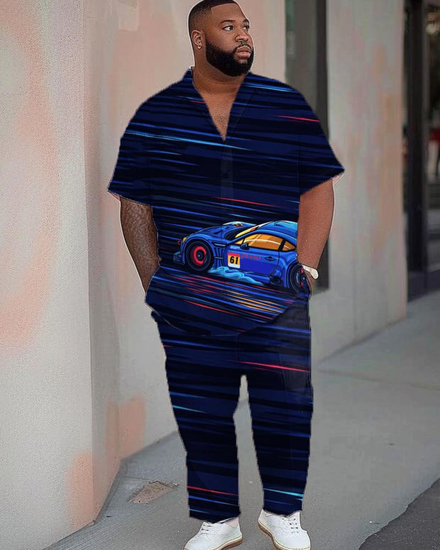 Color Contrast Striped Racing Print Casual Short-sleeved Shirt Plus Size Men's Suit