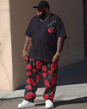 Men's Plus Size Street Casual Rose Print T-Shirt Trousers Suit