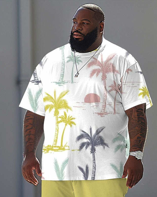 Men's Large Casual Summer Coconut Tree Print T-Shirt Pants Suit