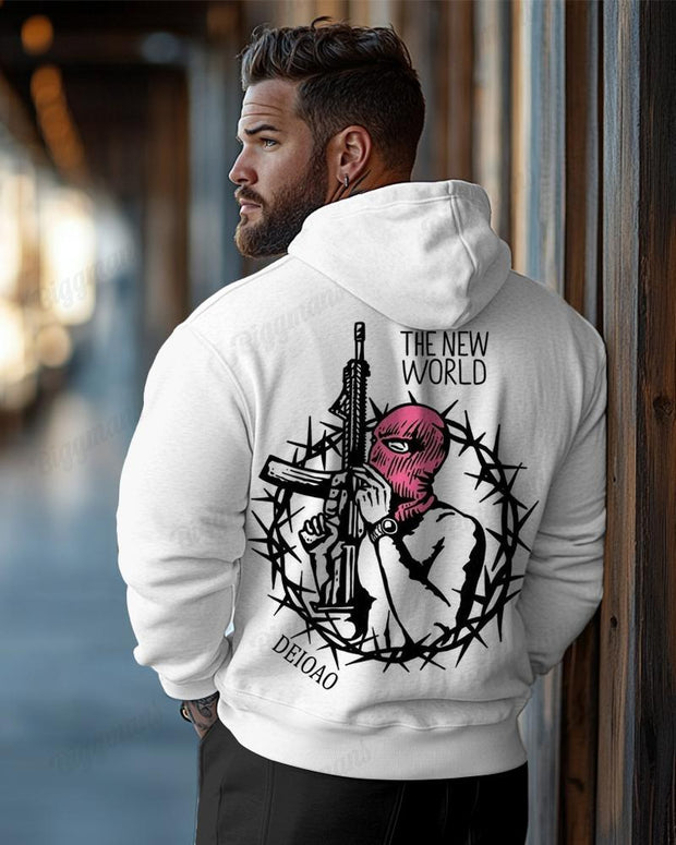 Street Fashion Gun Masked Man Print Sleeve Hoodie Men's Plus Size