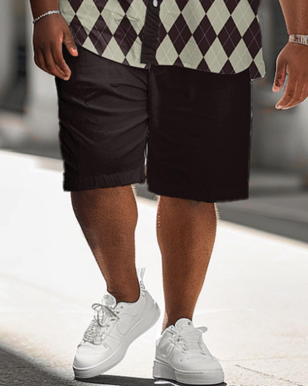 Men's Plus Size Classic Diamond Pattern Short Sleeve Shirt Shorts Suit