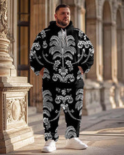 Men's Classical Floral Pattern Black Plus Size Hoodie Suit