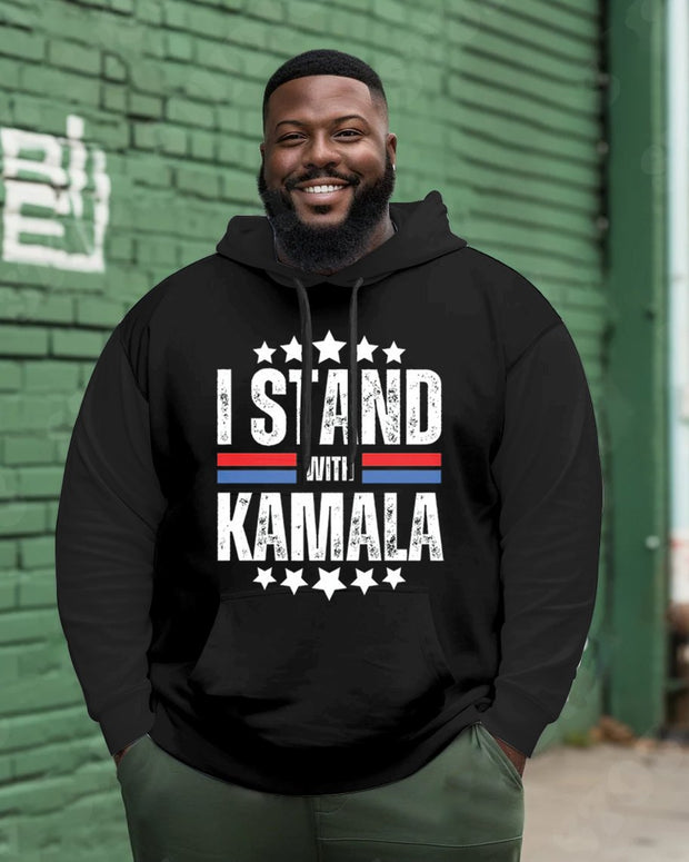 Men's Plus Size I Stand With Kamala Letter Print Long Sleeve Hoodie