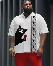 Color Contrast Cat Print Short-sleeved Shirt and Trousers Men's Plus-size Suit