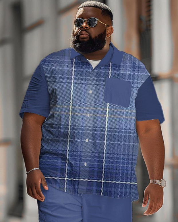 Men's Plus Size Classic Plaid Short Sleeve Shirt Shorts Suit