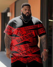 Men's Large Size Street Cartoon Color Block Warning Graffiti Short Sleeve Shorts Suit