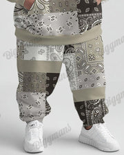 Men's Street Fashion Versatile Simple Paisley Patching Printed Plus Size Hoodie Suit