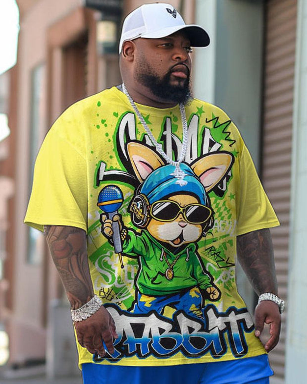 Men's Large Street Casual Rabbit Graffiti Alphabet Print T-Shirt Trousers Suit