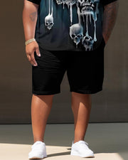 Large Size Dark Skull Print Lapel Short Sleeve Shirt Shorts Men's Suit