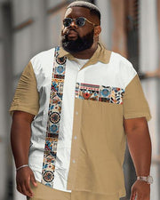 Men's Plus Size Simple Casual Ethnic Pattern Colorblock Printed Shirt Shorts Suit