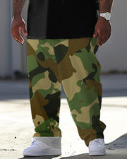 Men's Large Casual Camouflage Print T-Shirt Pants Suit