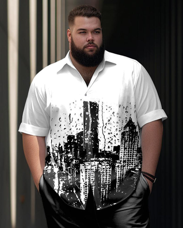 Men's Plus Size Simple City Print Short Sleeve Shirt Suit