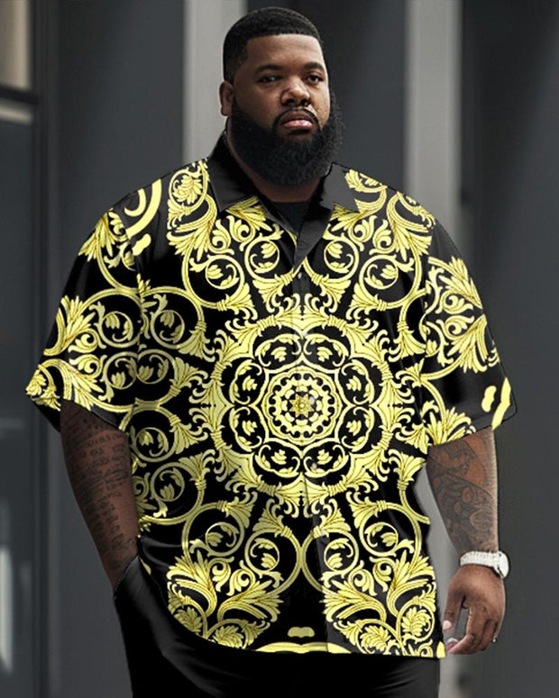 Men's Plus Size Business Casual Hand-painted Vintage Pattern Printed Short-sleeved Shirt Suit