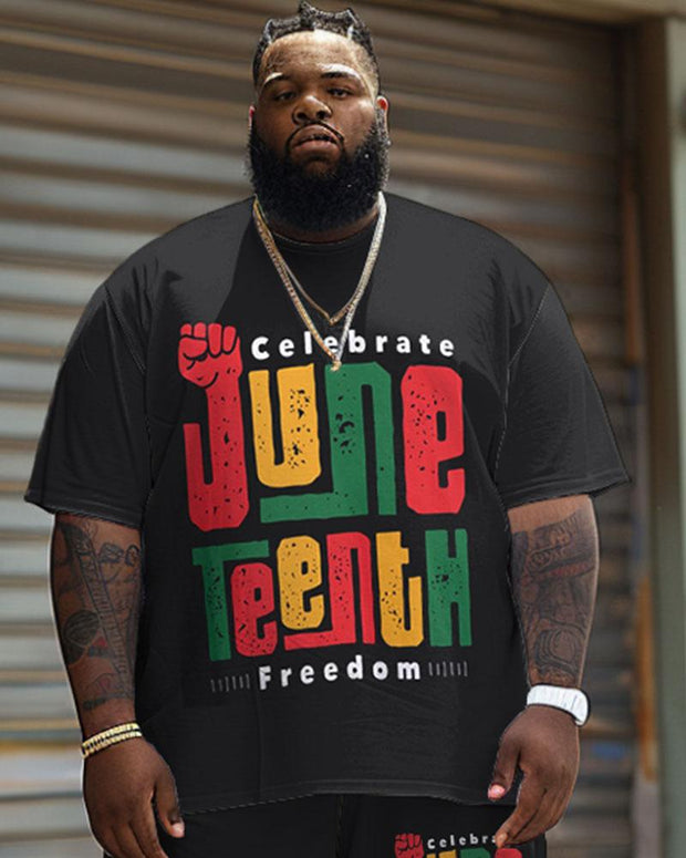 Men's Plus Size Juneteenth Freedom Day Printed T-Shirt Shorts Suit