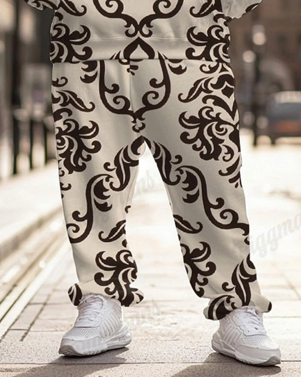 Men's Classical Retro Brown Geometric Pattern Print Plus Size Hoodie Suit