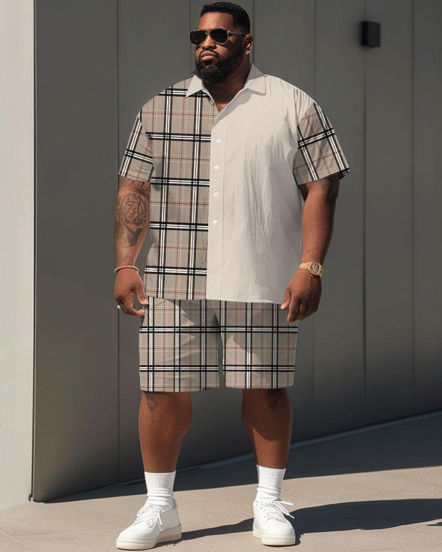 Men's Plus Size Simple Casual Plaid Colorblock Printed Shirt Shorts Suit