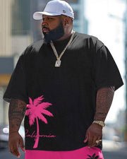 Men's Plus Size Hawaiian Pink Coconut Tree Print T-Shirt Pants Suit