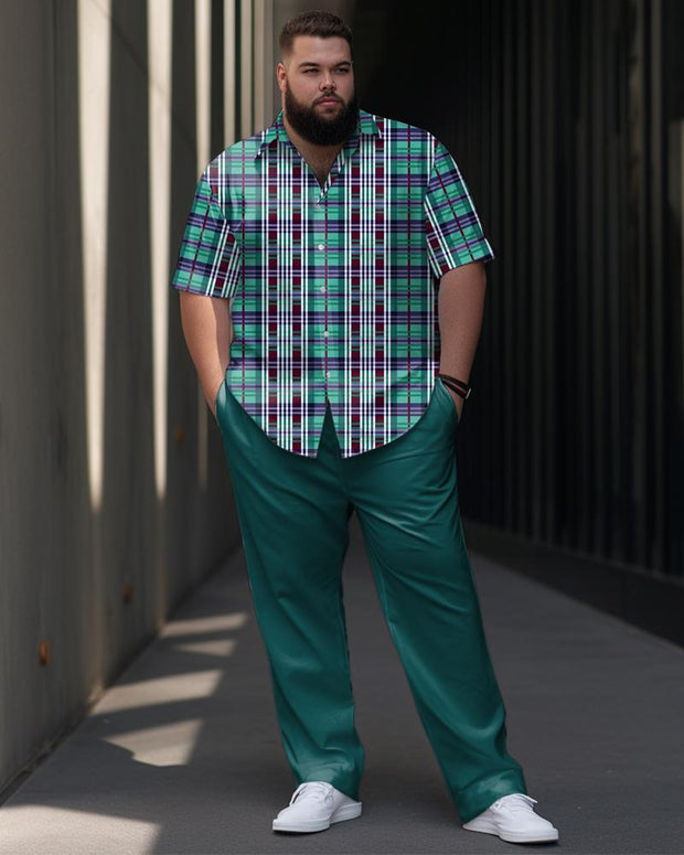 Men's Plus Size Business Casual Classic Plaid Short Sleeve Shirt Trousers Suit