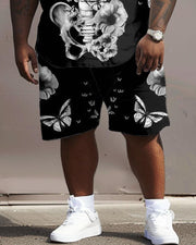 Men's Plus Size Street Casual Skull Floral Butterfly Print T-Shirt Shorts Suit