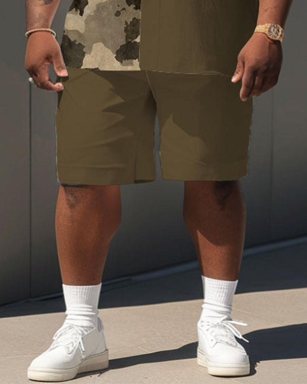 Men's Plus Size Simple Casual Retro Camouflage Colorblock Printed Pocket Shirt Shorts Suit