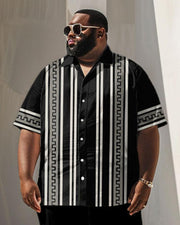 Men's Plus Size Business Simple Greek Geometric Stripe Print Short Sleeve Shirt Suit
