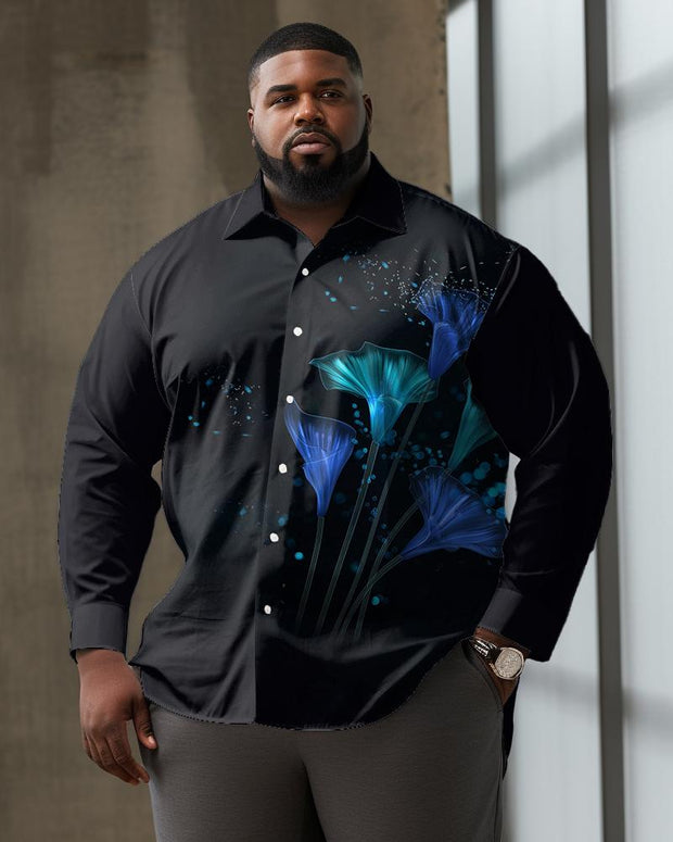 Men's Plus Size Abstract Flower Pattern Lapel Casual Long Sleeve Shirt