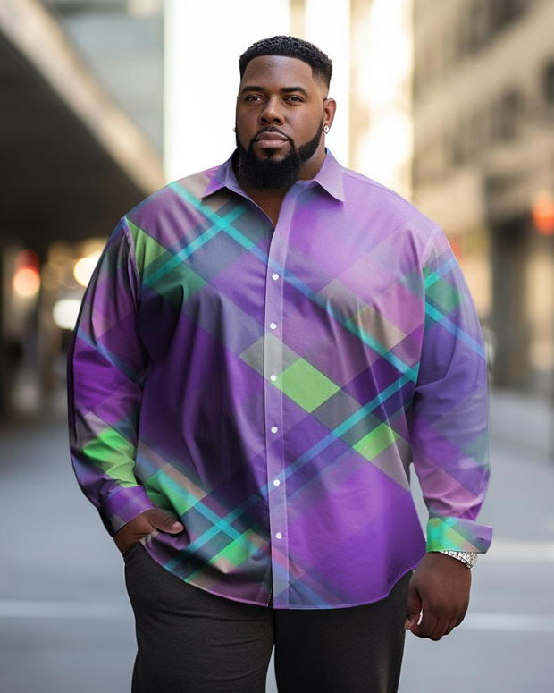 Men's Casual Plus Size Purple Diagonal Plaid Long Sleeve Lapel Shirt