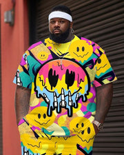 Men's Large Size Smiling Face Street Cartoon Color Block Graffiti Short Sleeve Shorts Suit