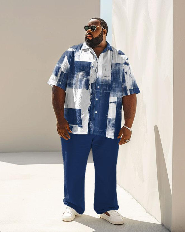 Men's Plus Size Business Simple Geometric Print Short Sleeve Shirt Suit