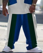 Men's Large Casual Colorblock Printed T-shirt Pants Suit