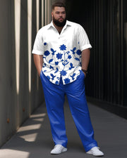 Men's Plus Size Business Flower Vine Print Short Sleeve Shirt Trousers Suit