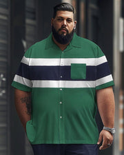 Men's Plus Size Simple Striped Color Matching Printed Pocket Short Sleeve Shirt Suit