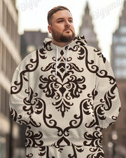 Men's Classical Retro Brown Geometric Pattern Print Plus Size Hoodie Suit