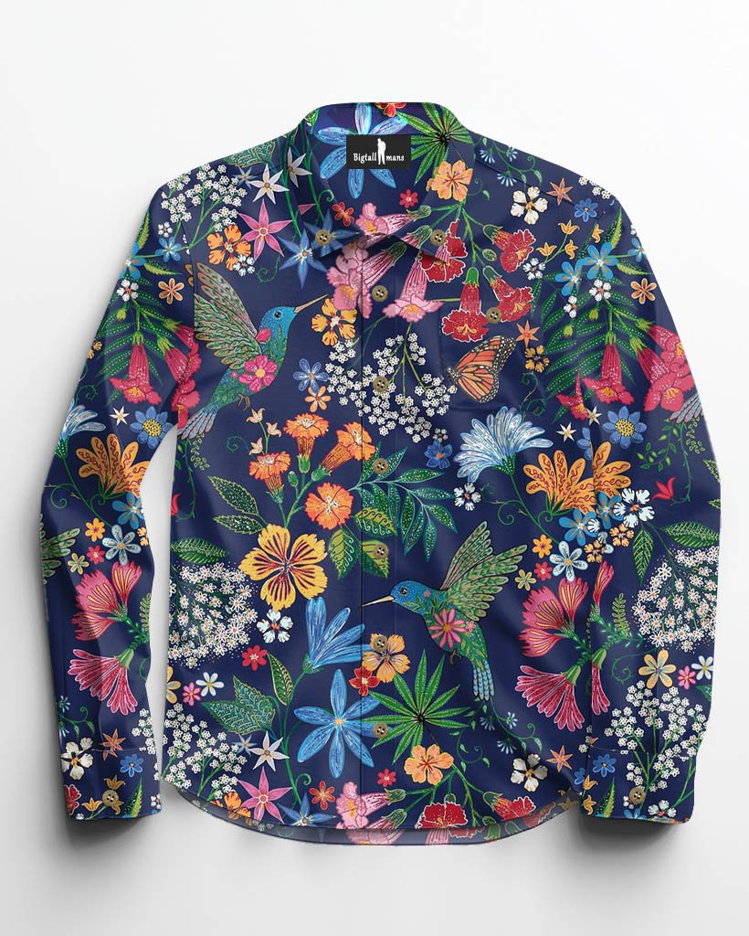 Colorful Garden Cotton Men's Patch Pocket Long Sleeve Lapel Shirt