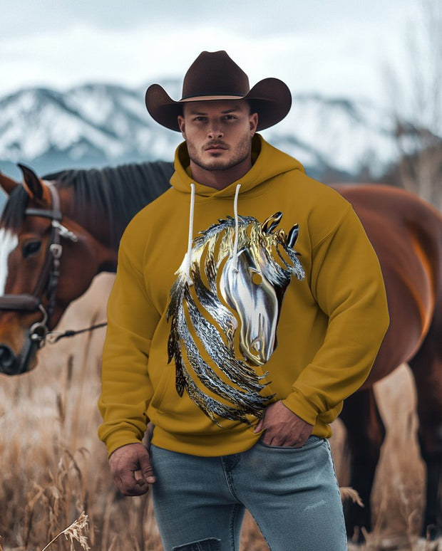 Men's Plus Size Fashion Silver Horse Head Art Pattern Print Long Sleeve Hoodie