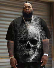 Men's Plus Size Casual Smoke Skull Print T-Shirt Shorts Suit