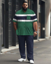 Men's Plus Size Simple Striped Color Matching Printed Pocket Short Sleeve Shirt Suit