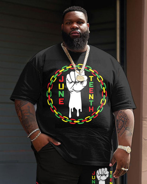 Men's Plus Size Juneteenth Black History Month Chain Fist Print T-Shirt Shorts Suit