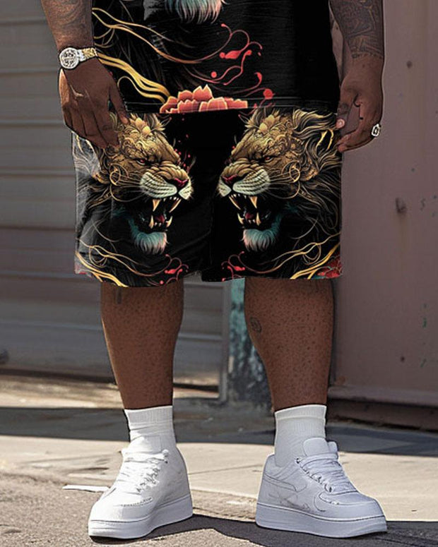 Men's Plus Size Street Casual Color Painting Lion Print T-Shirt Shorts Suit