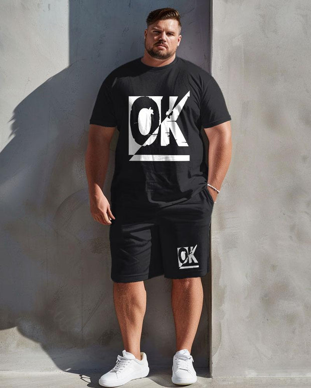 Men's Plus Size Simple Letter Print T-shirt Shorts Suit