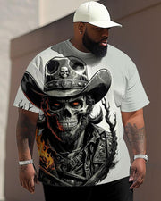 Men's Plus Size Street Fashion Hat Skull Print T-Shirt Trousers Suit