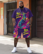 Men's Plus Size Street Fashion Pop Art Funny "Colored Wolf" Printed T-Shirt Shorts Suit