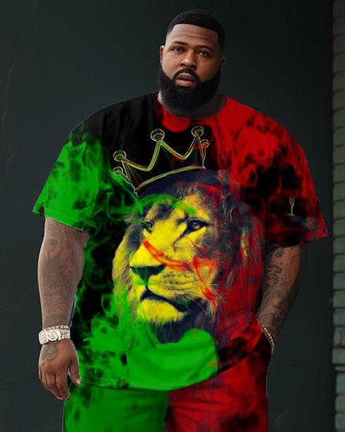 Men's Large Size Street Cartoon Color Block Red And Green Lion Graffiti Short-Sleeved Shorts Suit