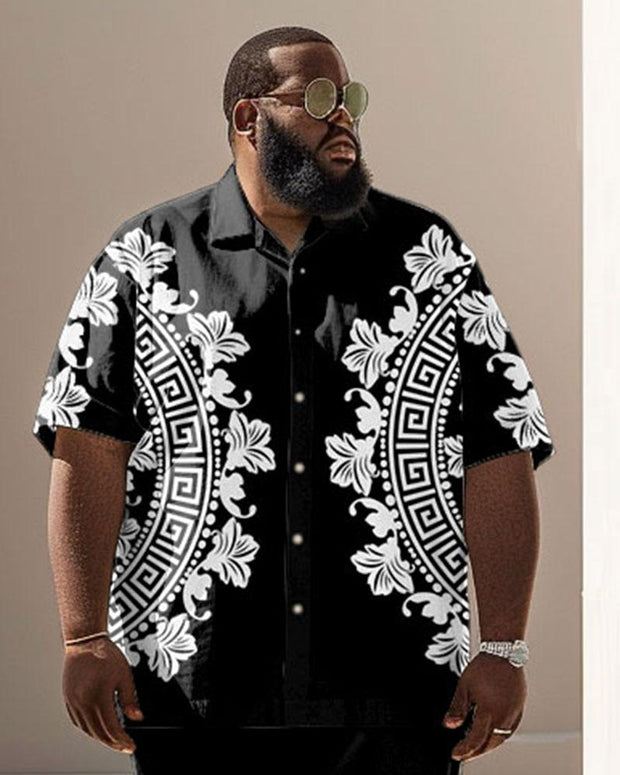 Men's Plus Size Business Greek Geometric Mandala Print Short Sleeve Shirt Suit