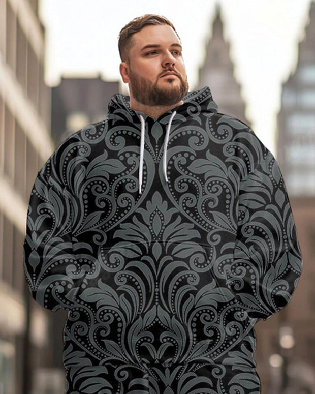 Men's Classical Retro Full Pattern Black Plus Size Hoodie Suit