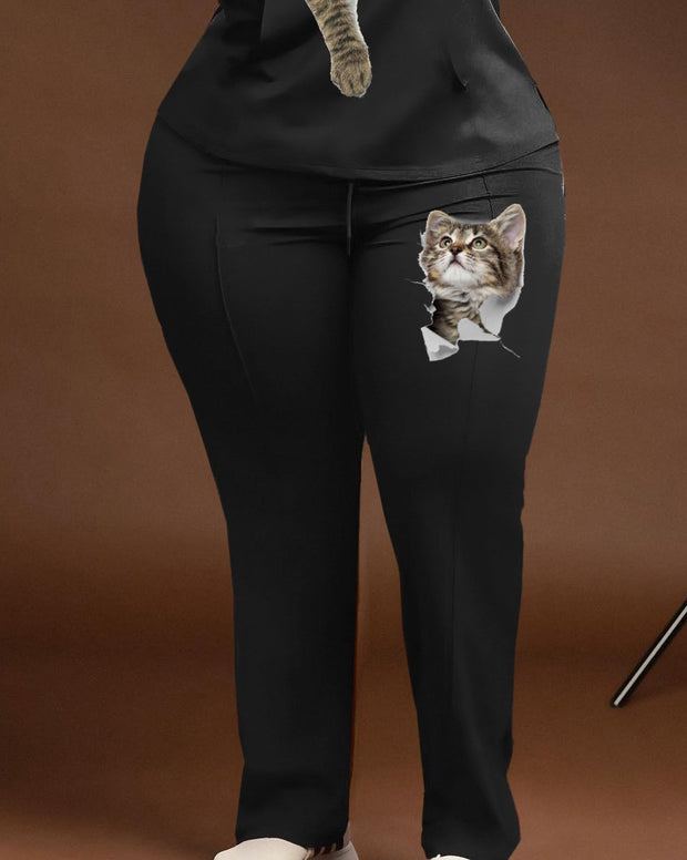 Women's Plus 3D Fun Cat Print Hoodie Set