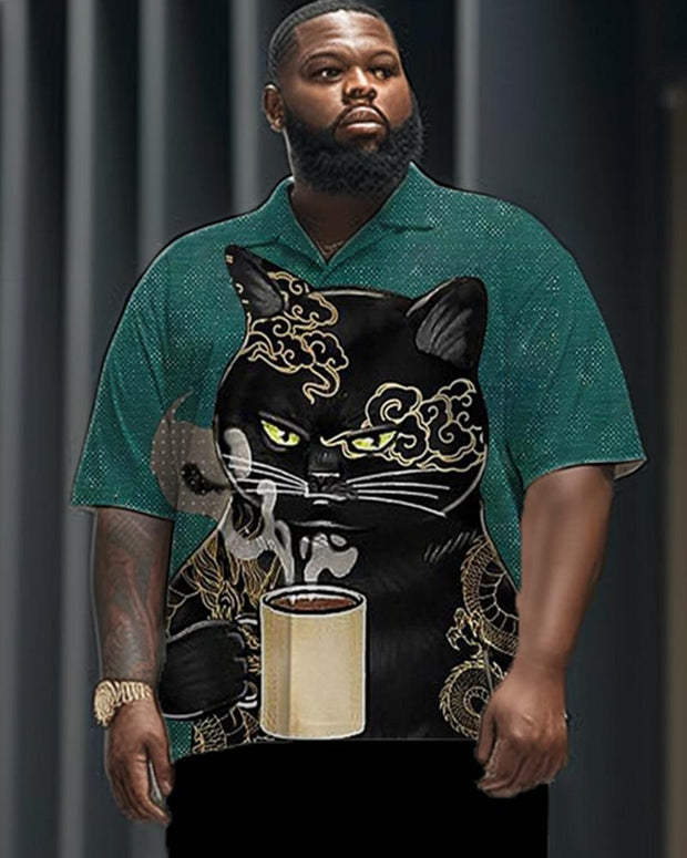 Tattoo Cat Print Short-sleeved Shirt and Trousers Plus Size Suit for Men